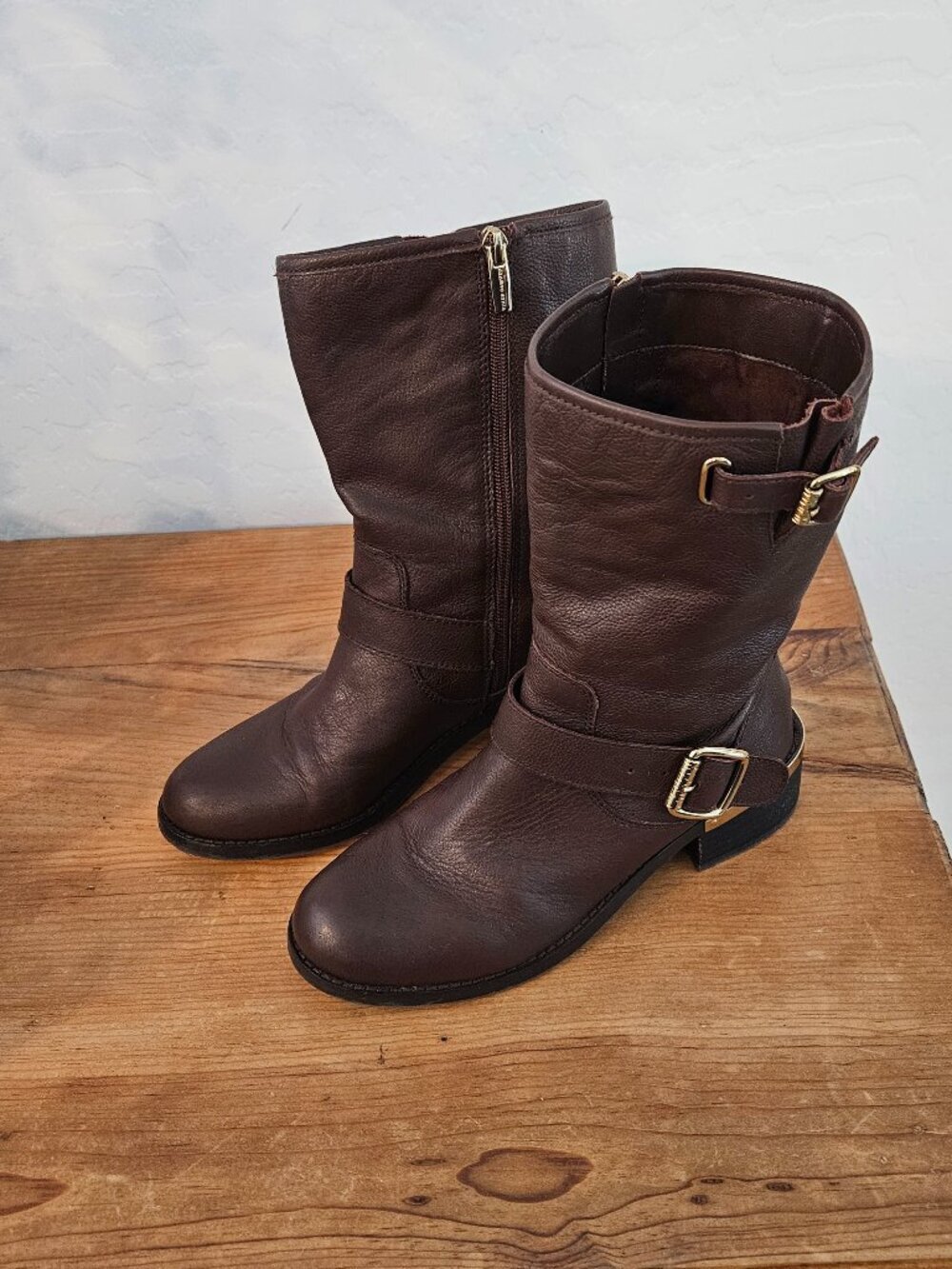 Vince Camuto Womens Windy Leather Moto Fashion Mid-Calf Brown Boots, size 7M